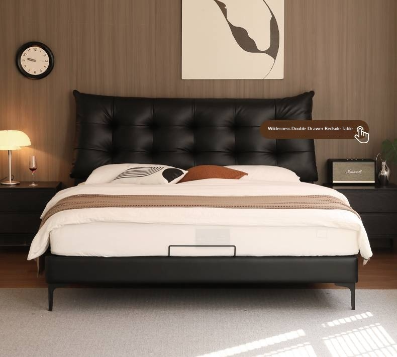 Genuine Leather Upholstered Double Bed in Solid Wood Frame