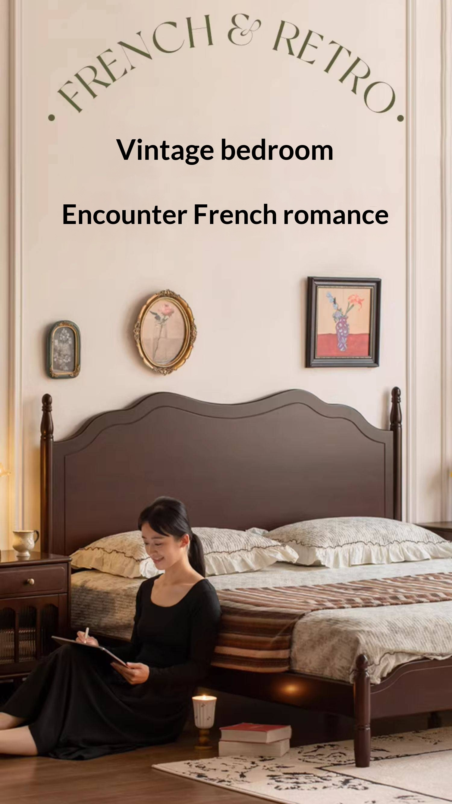 Poplar Solid Wood Bed — French Retro Style with Mid-Fashion Design