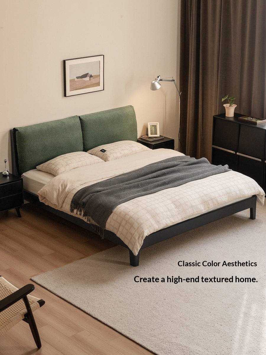 Rubberwood Solid Wood Bed — Modern Minimalist Design with Upholstered Genuine Leather