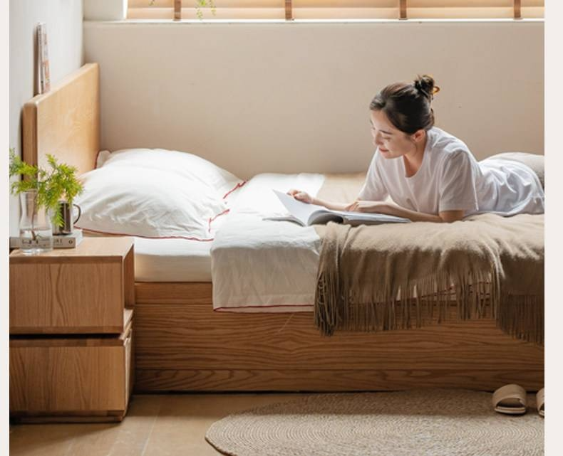 Oak, Beech Solid Wood Box Bed — Minimalist Side-Opening Storage Bed