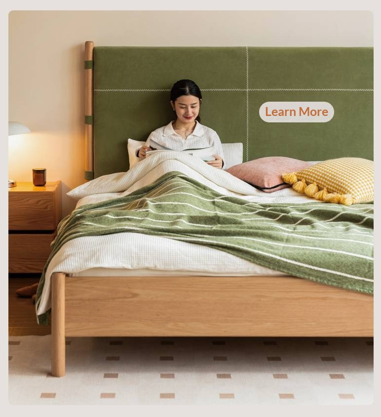 Poplar Solid Wood Bed with Vintage High Backrest and Soft Upholstery