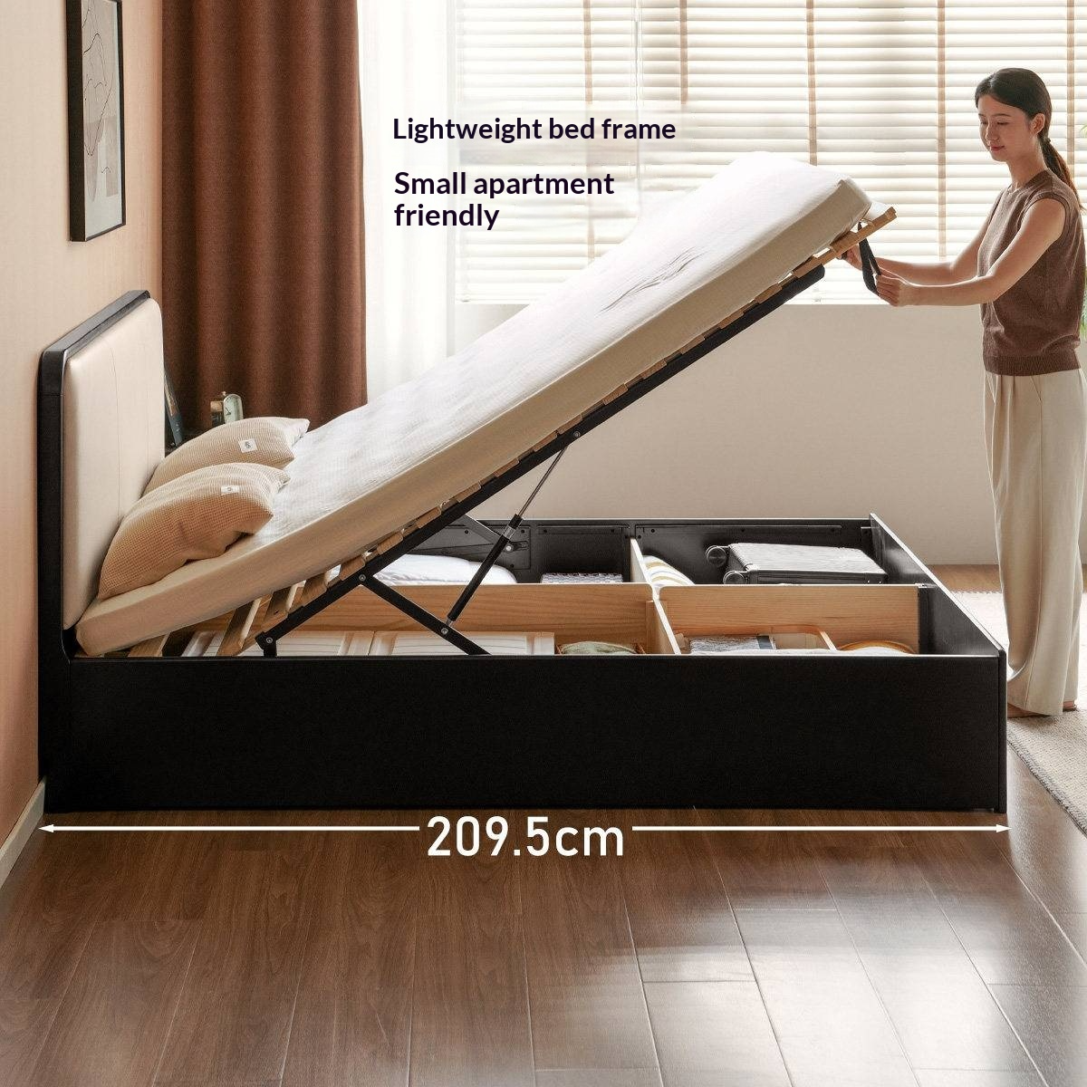 Rubberwood Solid Wood Box Bed — Modern Minimalist Black Upholstered Bed with Storage and Genuine Leather