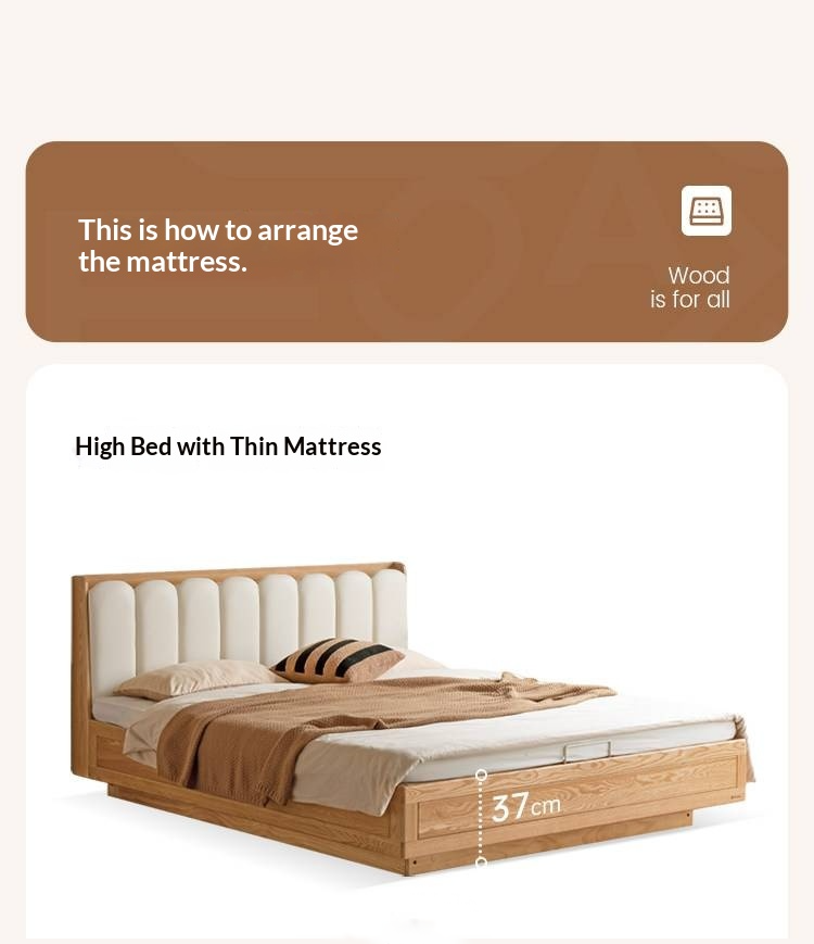 Oak Solid Wood Box Bed — Suspension and Upholstered with Genuine Leather Piano Key Design