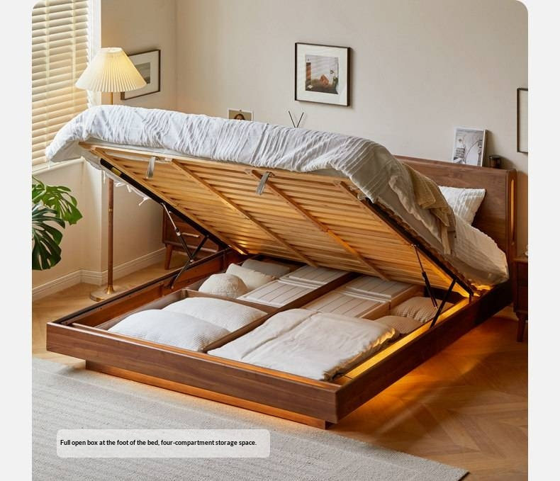 Black Walnut, Sandalwood Solid Wood Box Bed — Luxury Floating Bed with Glow-in-the-Dark Features