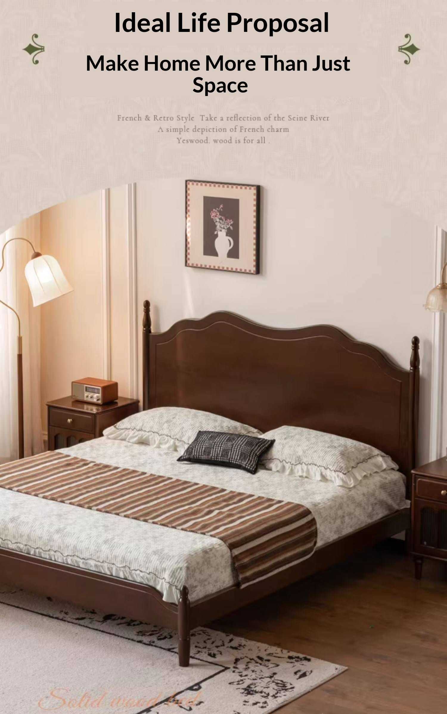 Poplar Solid Wood Bed — French Retro Style with Mid-Fashion Design
