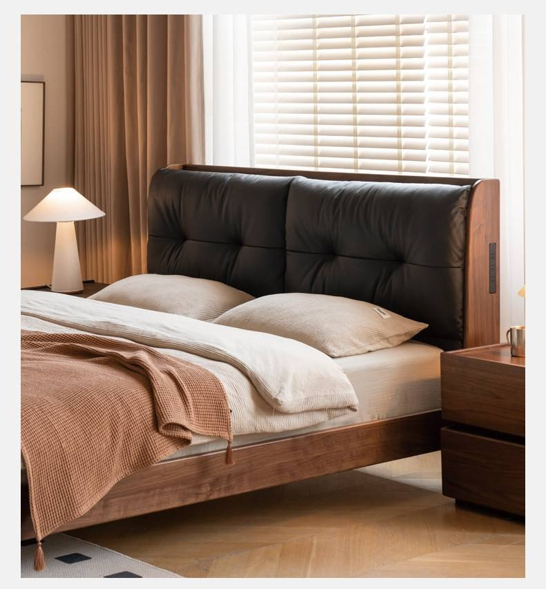 Black Walnut, Sandalwood Solid Wood Bed — Genuine Leather Upholstered, Simple Luxury Design