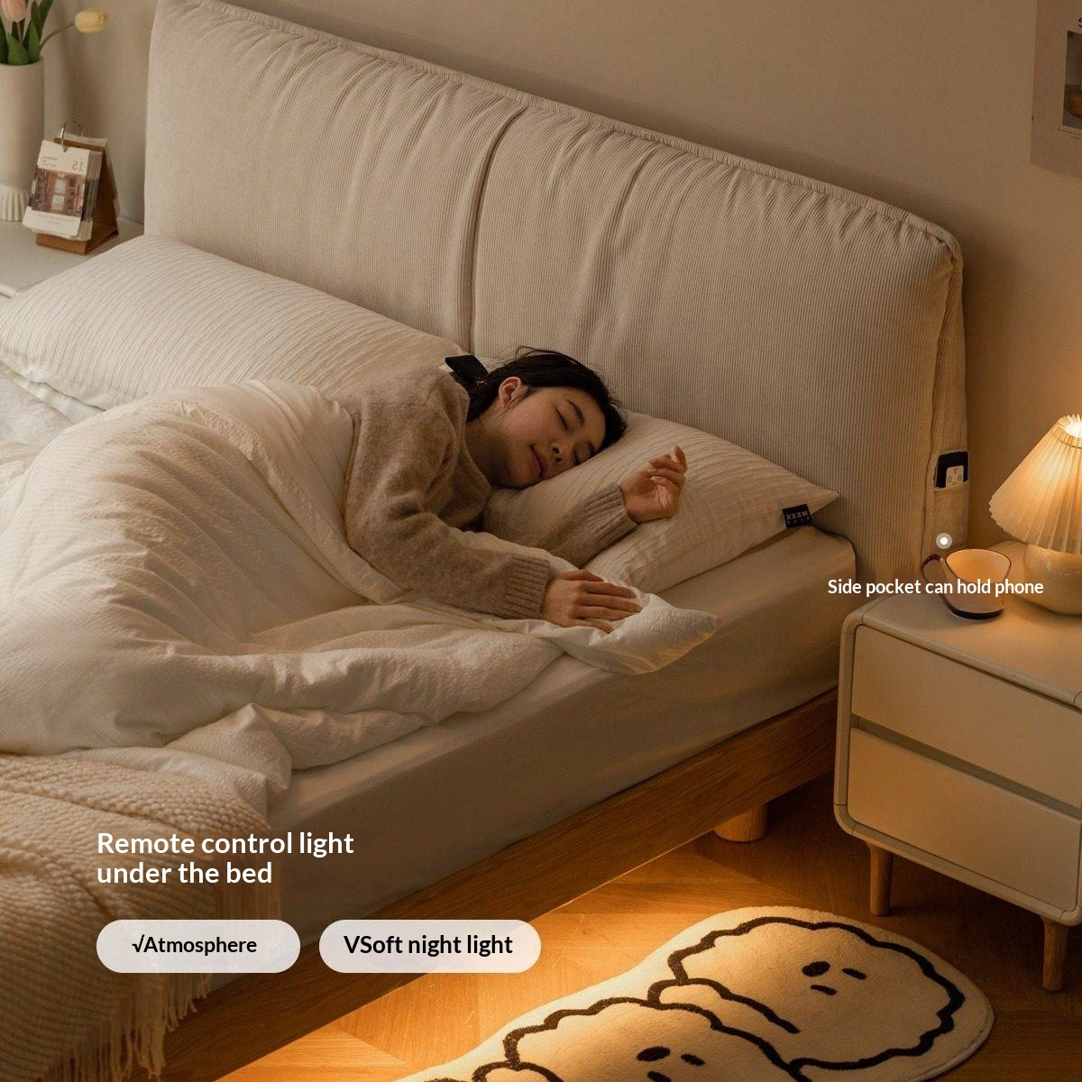 Oak Solid Wood Bed — Cream Style Upholstered Suspended Luminous Bed