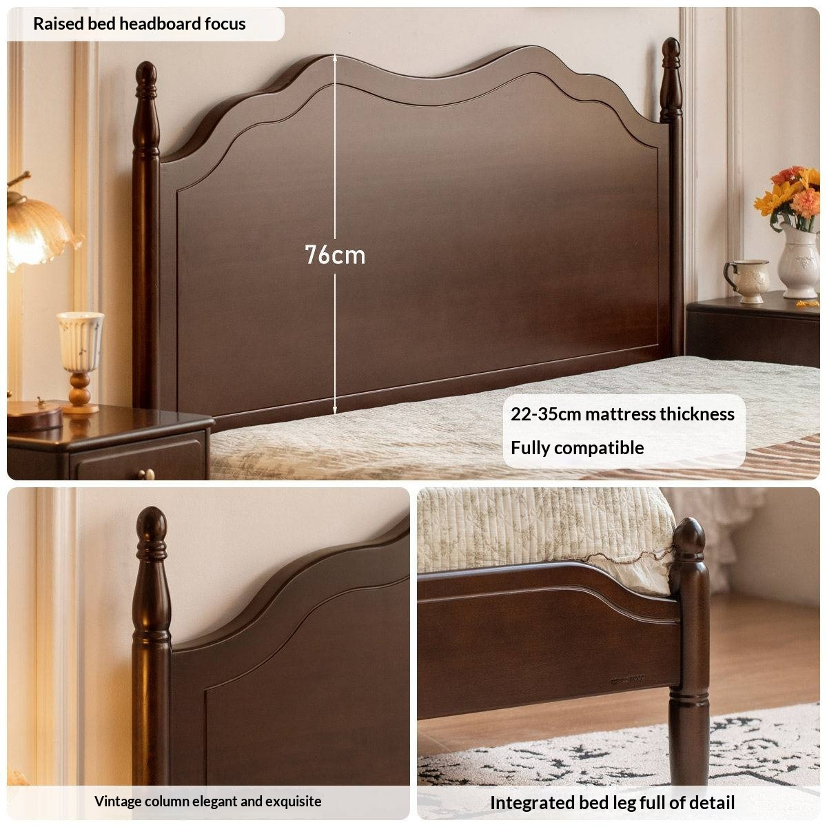 Poplar Solid Wood Bed — French Retro Style with Mid-Fashion Design