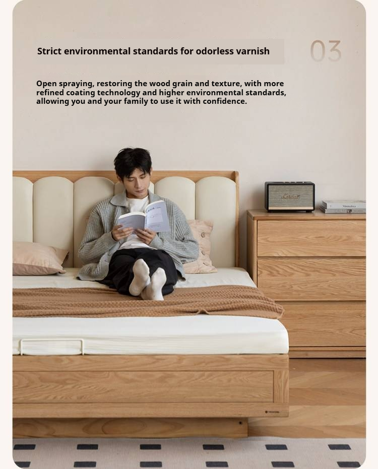 Oak Solid Wood Box Bed — Suspension and Upholstered with Genuine Leather Piano Key Design