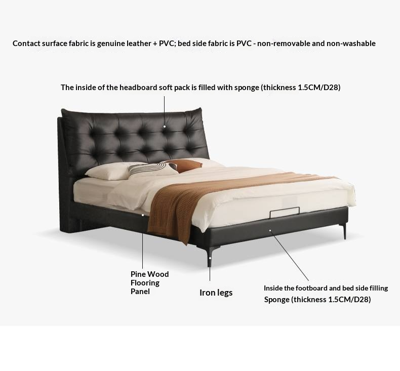 Genuine Leather Upholstered Double Bed in Solid Wood Frame