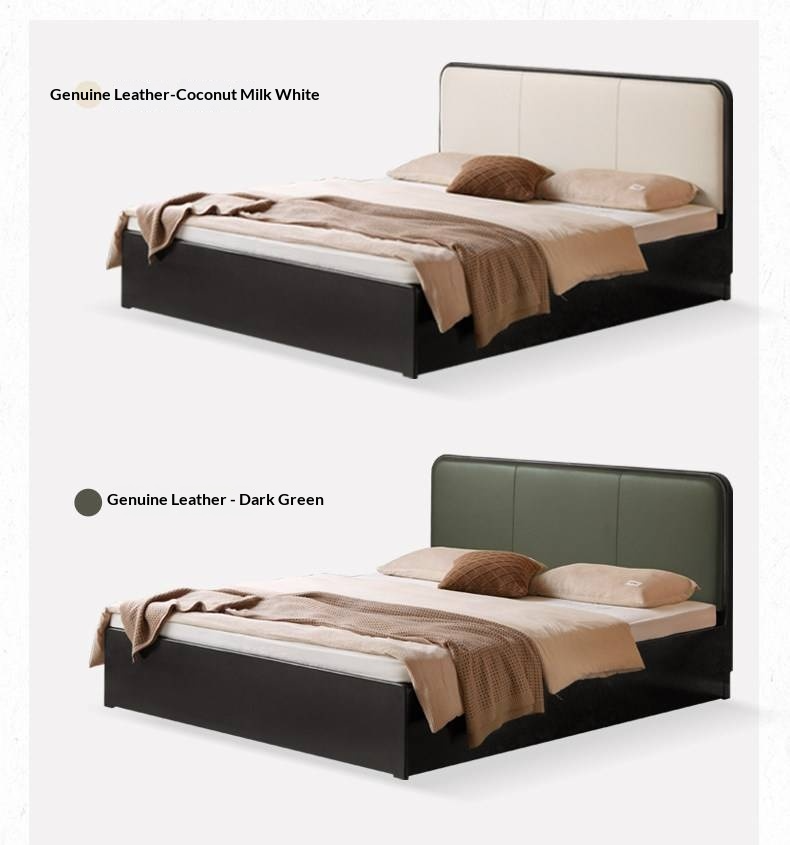 Rubberwood Solid Wood Box Bed — Modern Minimalist Black Upholstered Bed with Storage and Genuine Leather