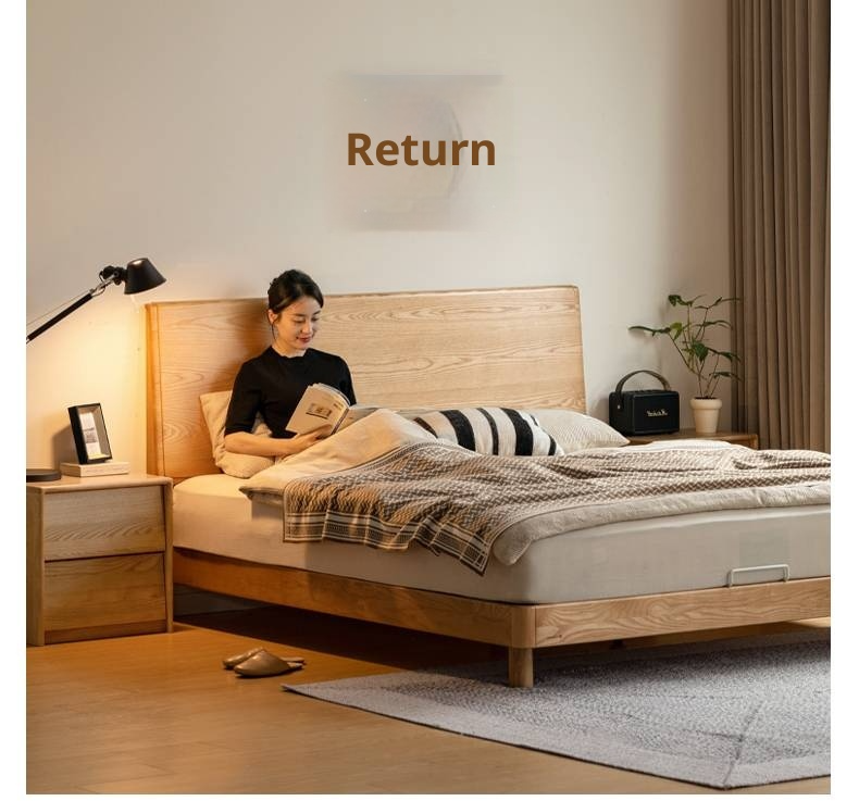 Ash Solid Wood Large Slab Bed Modern Minimalist