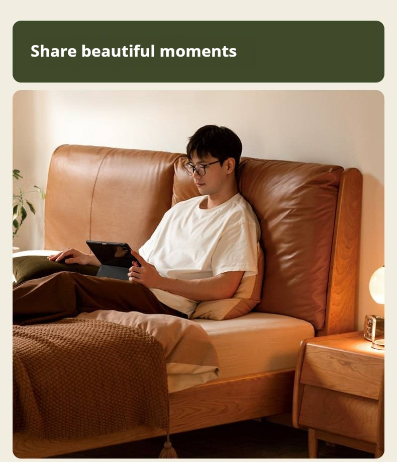 Cherry Solid Wood Bed — Retro Style with Genuine Leather Upholstery