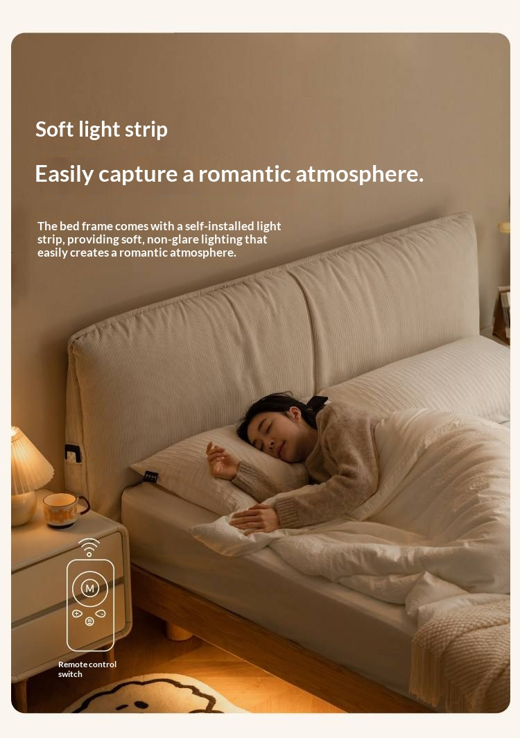 Oak Solid Wood Bed — Cream Style Upholstered Suspended Luminous Bed