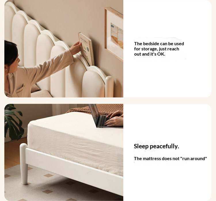 Rubberwood Solid Wood Upholstered Bed with Scalloped Headboard, French Cream Style