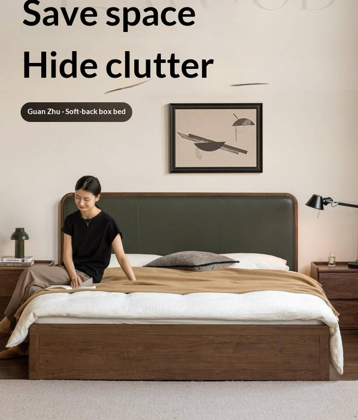 Black Walnut Solid Wood Box Bed — Soft Headboard, Italian Light Luxury Genuine Leather Bed