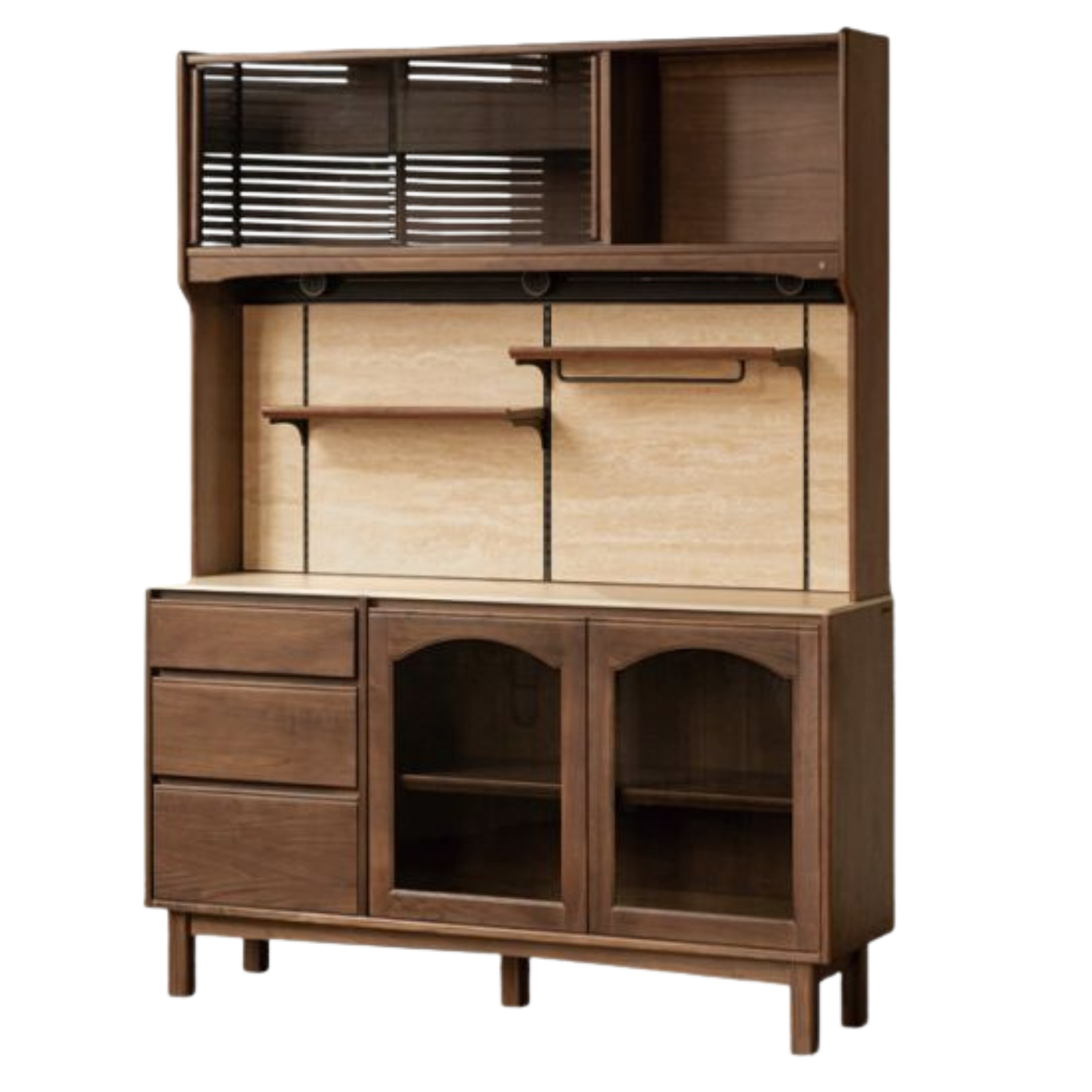 Black Walnut Solid Wood Buffet Cabinet with Retro Style and Rock Board Surface