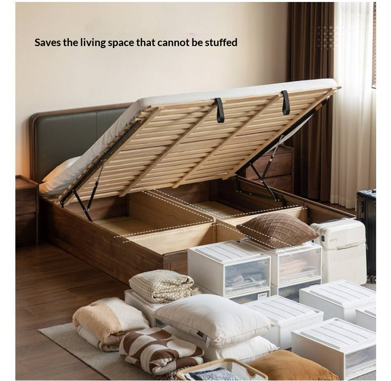 Black Walnut Solid Wood Box Bed — Soft Headboard, Italian Light Luxury Genuine Leather Bed