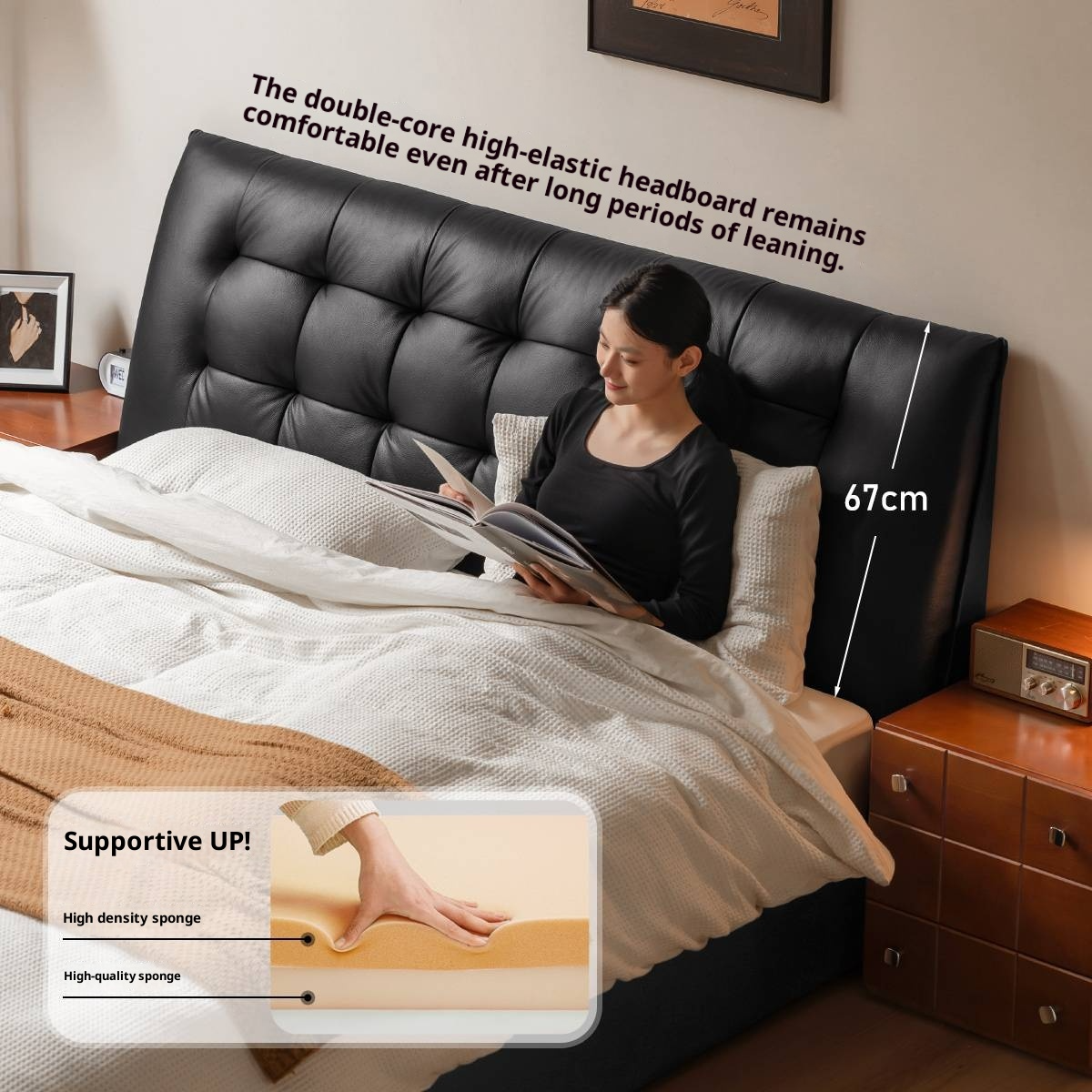 Genuine Leather Black Light Luxury Soft Box Bed