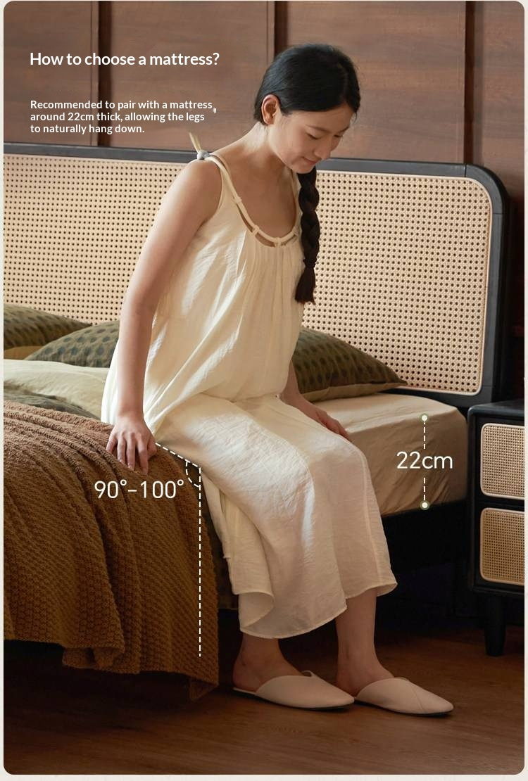 Oak Solid Wood Bed — Black Slab Rattan Vintage Style Bed