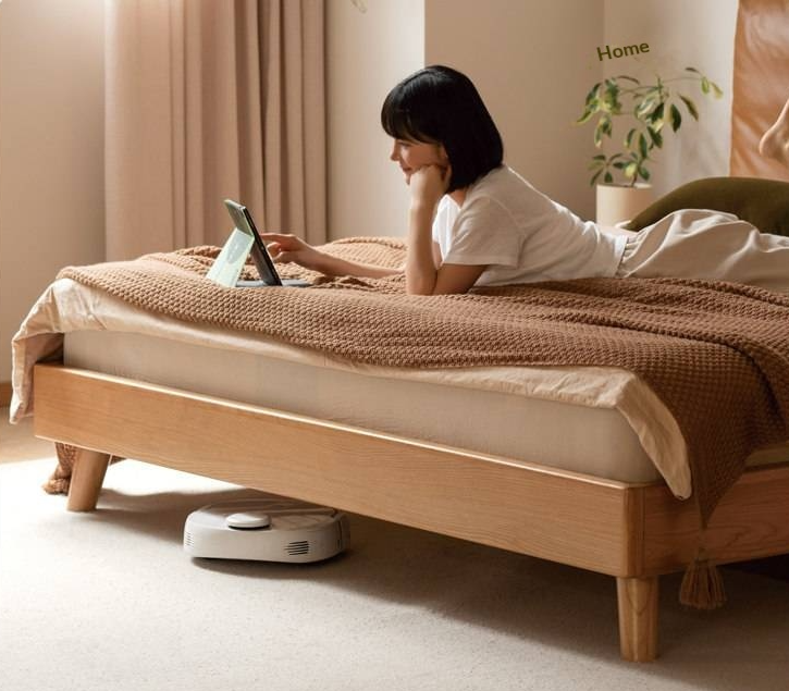 Cherry Solid Wood Bed — Retro Style with Genuine Leather Upholstery