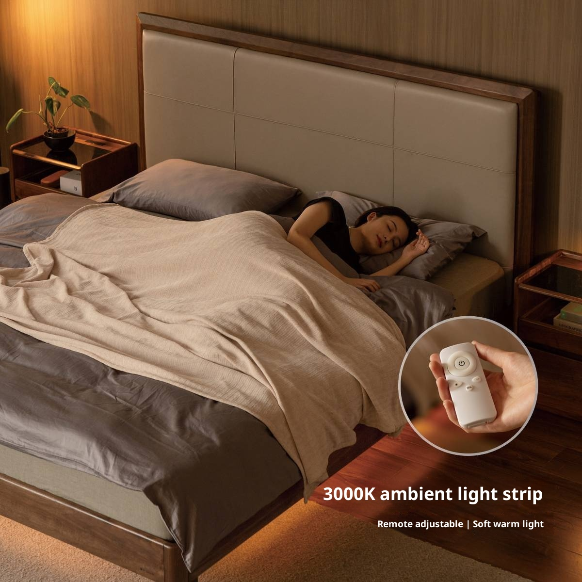 Black Walnut, Oak Solid Wood Italian Light Luxury Genuine Leather Soft Headboard Luminous Bed