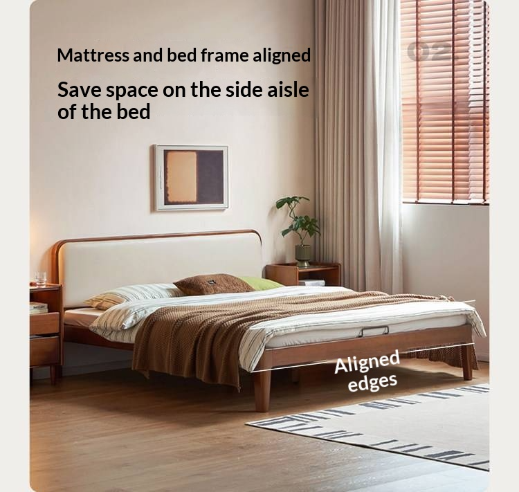 Poplar Solid Wood Bed — Vintage Style with Soft Backrest, Genuine Leather and Edge Finish