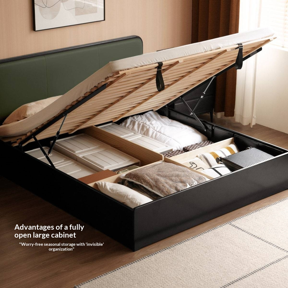 Rubberwood Solid Wood Box Bed — Modern Minimalist Black Upholstered Bed with Storage and Genuine Leather