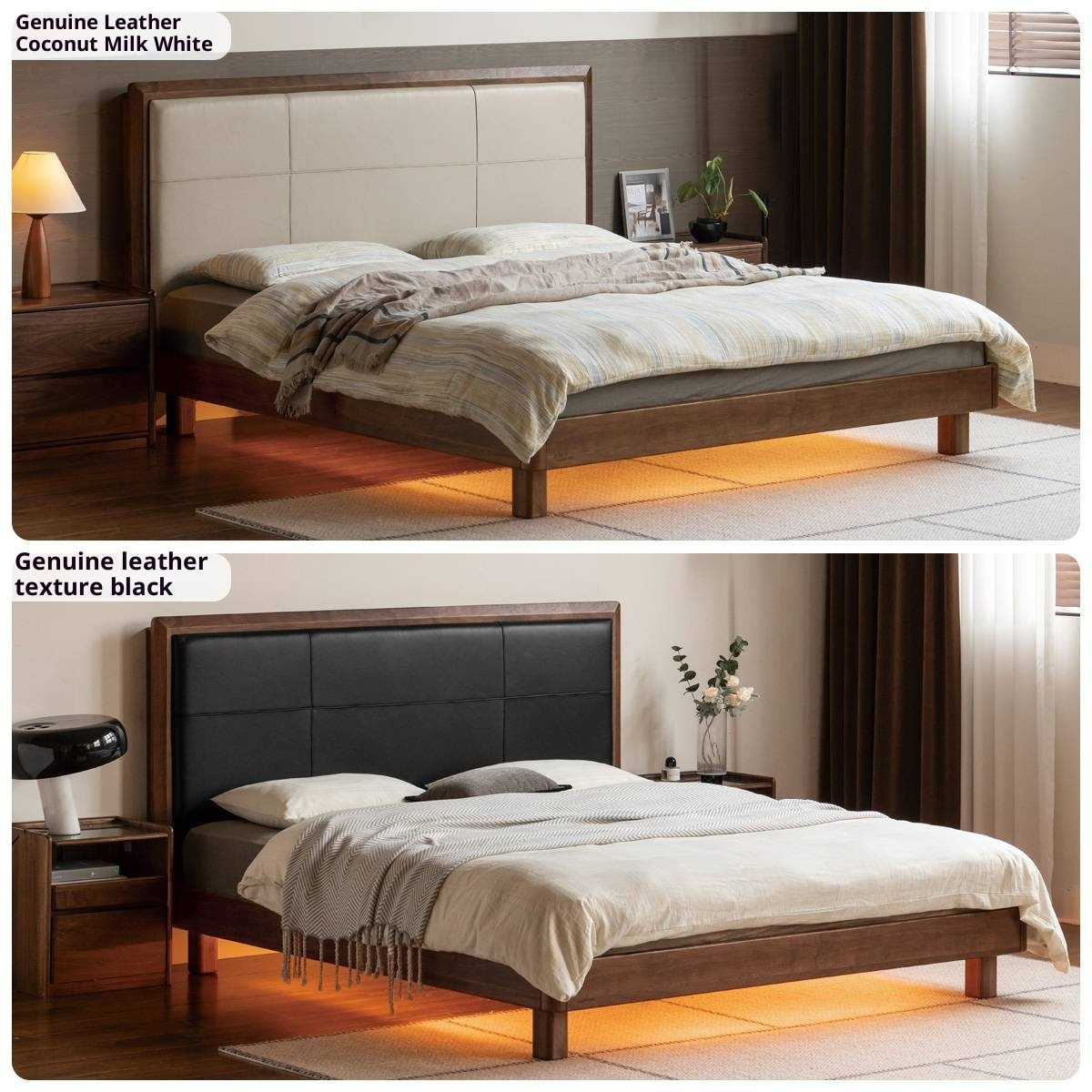 Black Walnut, Oak Solid Wood Italian Light Luxury Genuine Leather Soft Headboard Luminous Bed
