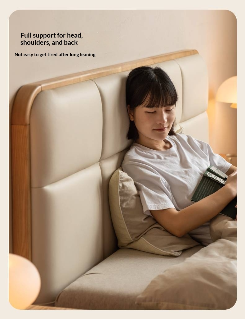 Ash Solid Wood Bed with Top Grain Cowhide Upholstery in Modern Minimalist Style