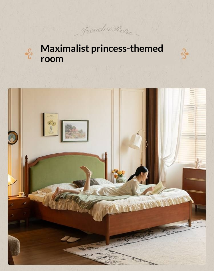 Poplar Solid Wood Box Bed — French Retro Style with Soft Backrest and Mid-Fashion Design