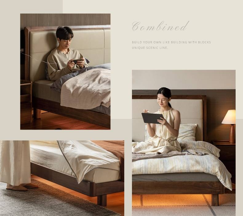 Black Walnut, Oak Solid Wood Italian Light Luxury Genuine Leather Soft Headboard Luminous Bed