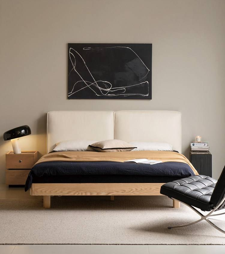 Ash Solid Wood Floating Bed — Modern Minimalist, Genuine Leather Upholstery