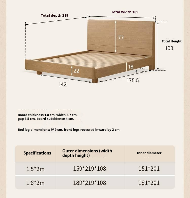 Ash Solid Wood Bed — Modern Minimalist Large Slab Design with Luminous Features