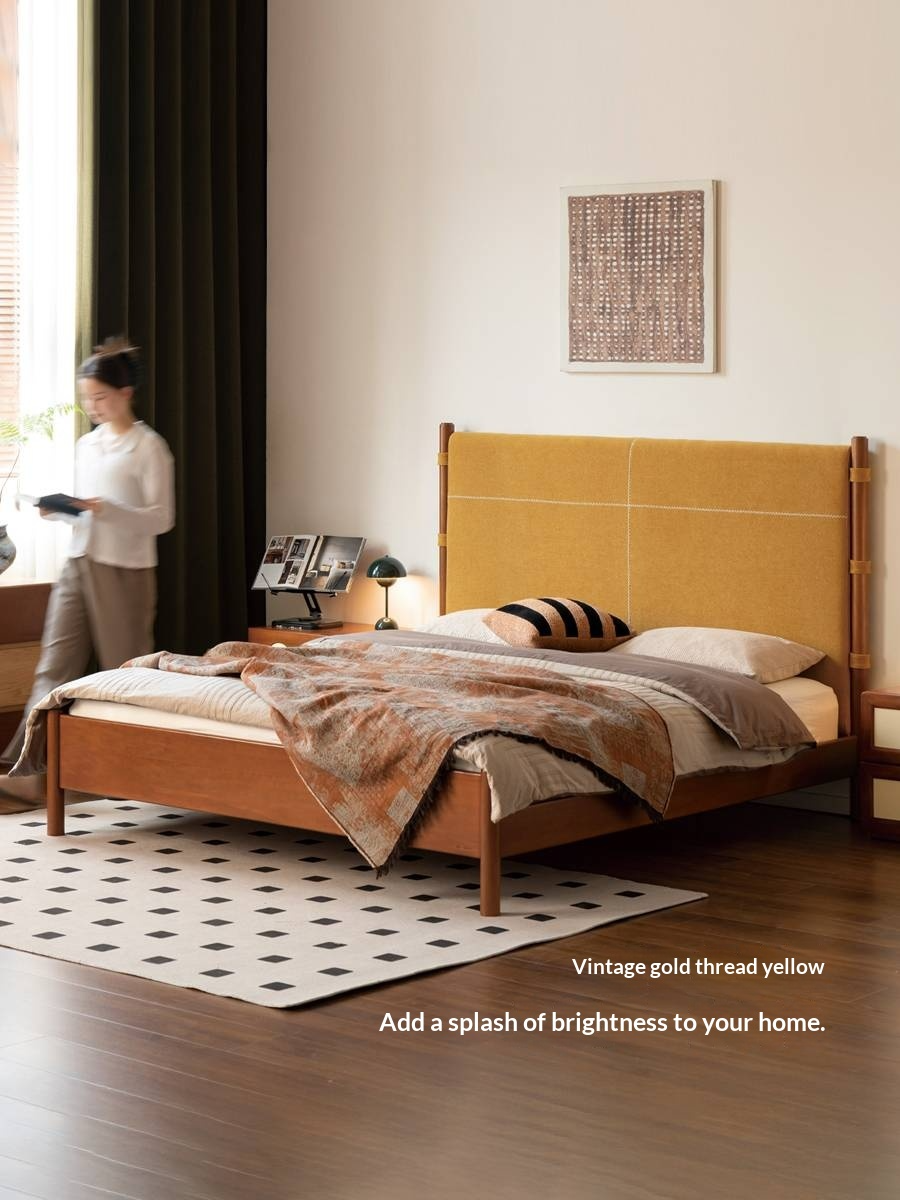 Poplar Solid Wood Bed with Vintage High Backrest and Soft Upholstery