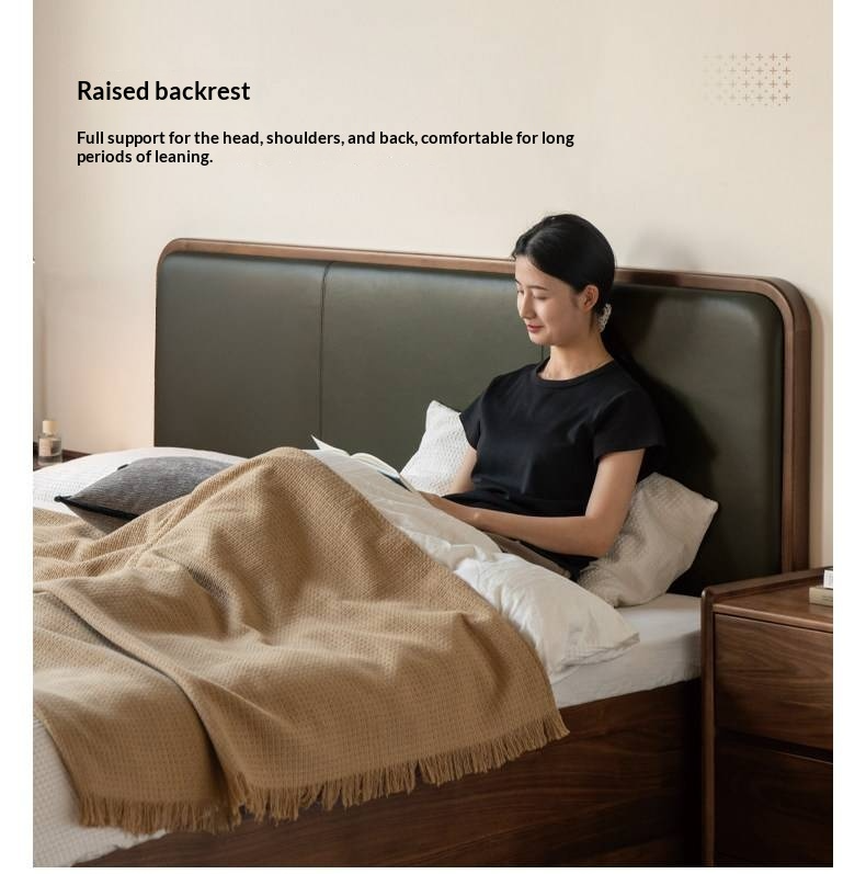 Black Walnut Solid Wood Box Bed — Soft Headboard, Italian Light Luxury Genuine Leather Bed