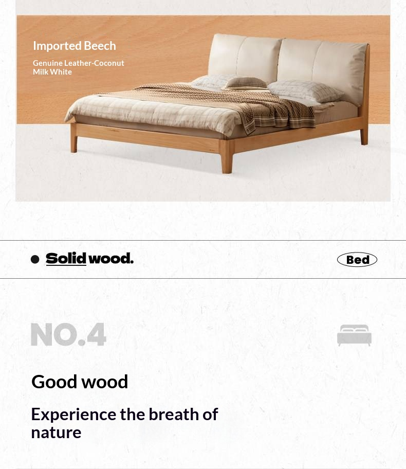 Rubberwood Solid Wood Bed — Modern Minimalist Design with Upholstered Genuine Leather