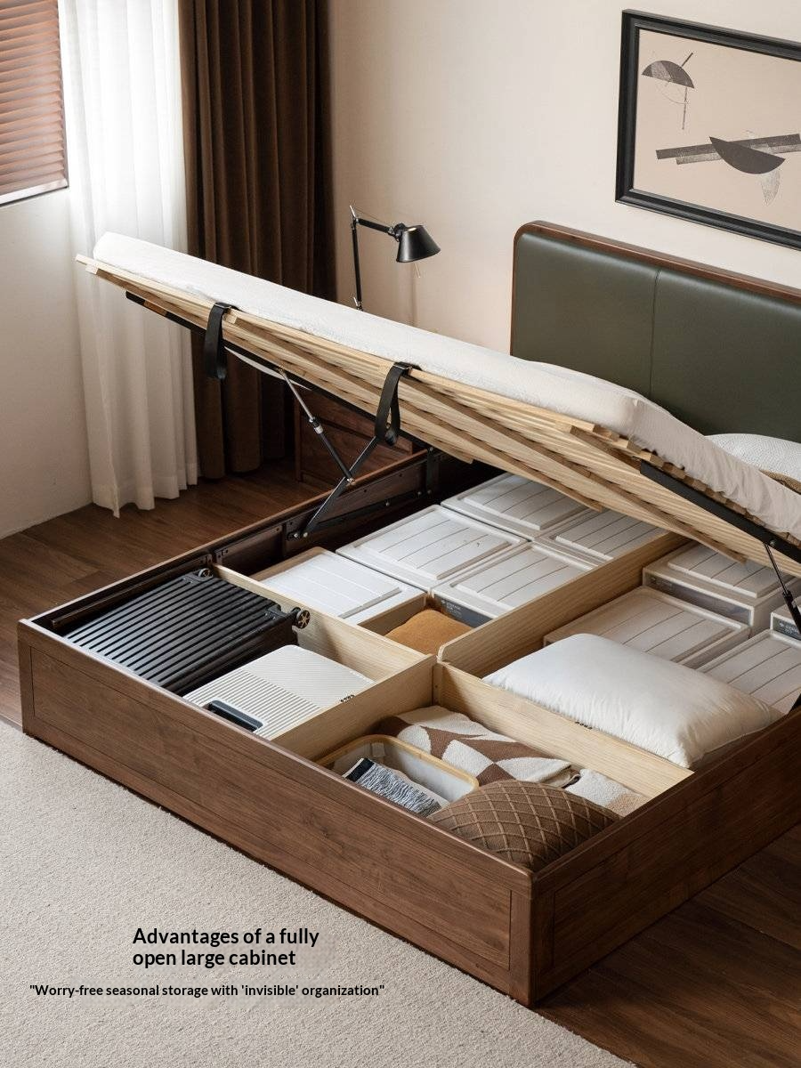 Black Walnut Solid Wood Box Bed — Soft Headboard, Italian Light Luxury Genuine Leather Bed