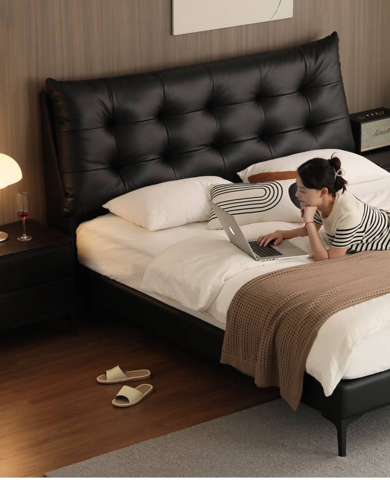 Genuine Leather Upholstered Double Bed in Solid Wood Frame