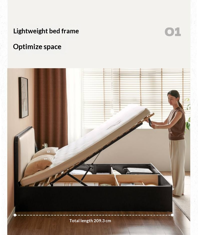 Rubberwood Solid Wood Box Bed — Modern Minimalist Black Upholstered Bed with Storage and Genuine Leather
