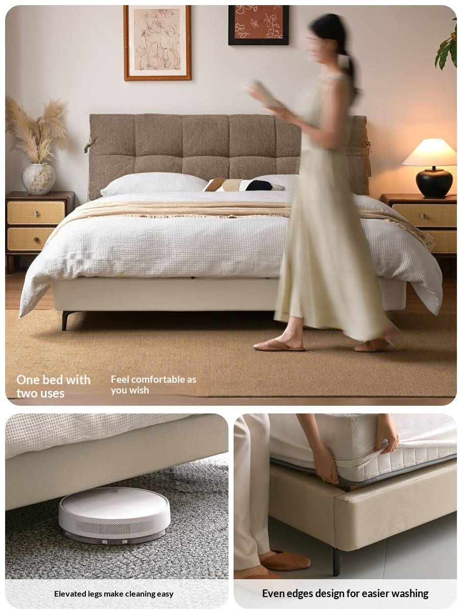 Genuine Leather Italian Light Luxury White Soft Headboard Bed