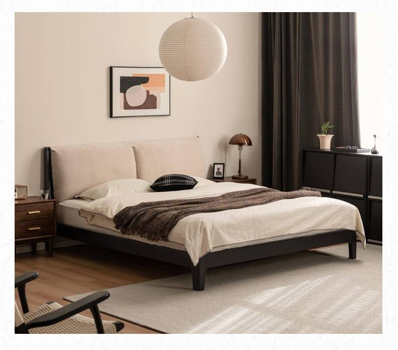 Rubberwood Solid Wood Bed — Modern Minimalist Design with Upholstered Genuine Leather
