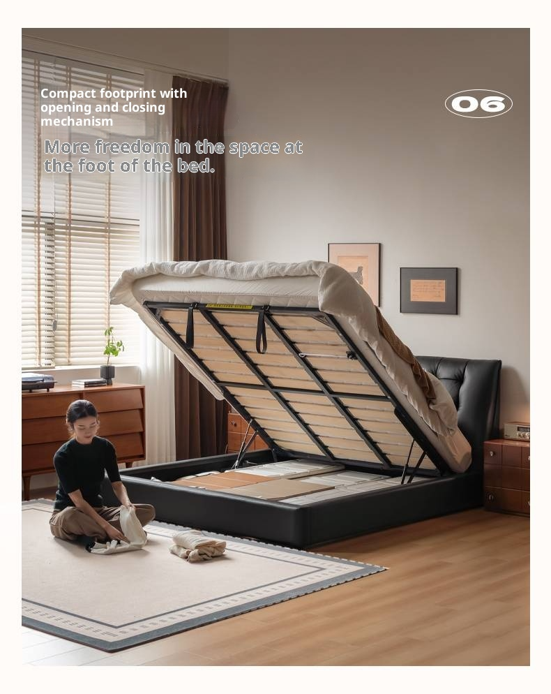 Genuine Leather Black Light Luxury Soft Box Bed