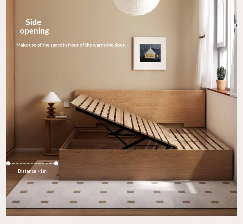 Oak, Beech Solid Wood Box Bed — Minimalist Side-Opening Storage Bed
