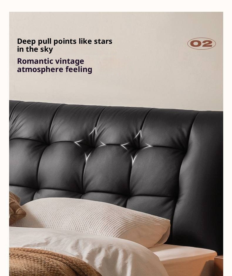 Genuine Leather Black Light Luxury Soft Box Bed