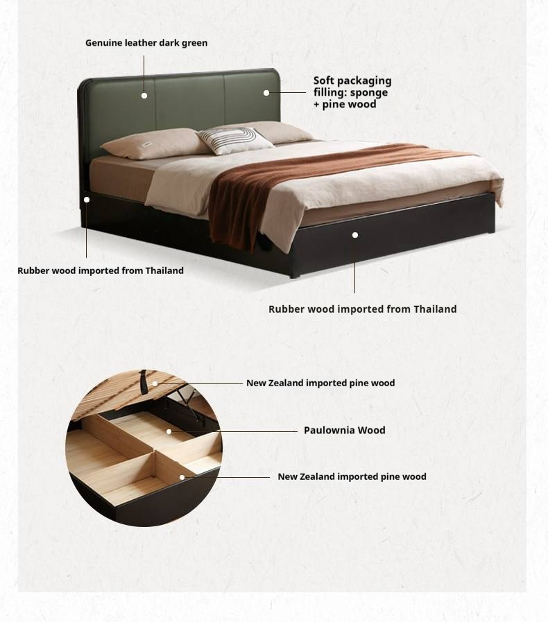 Rubberwood Solid Wood Box Bed — Modern Minimalist Black Upholstered Bed with Storage and Genuine Leather