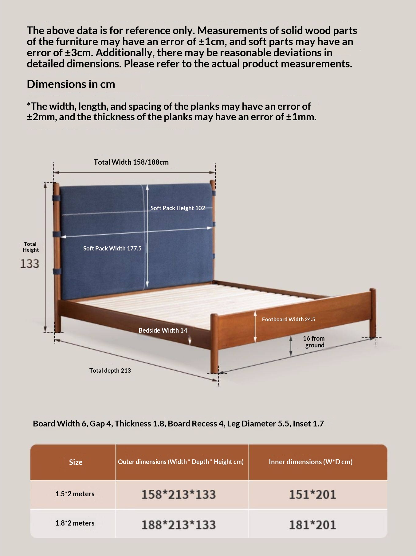 Poplar Solid Wood Bed with Vintage High Backrest and Soft Upholstery
