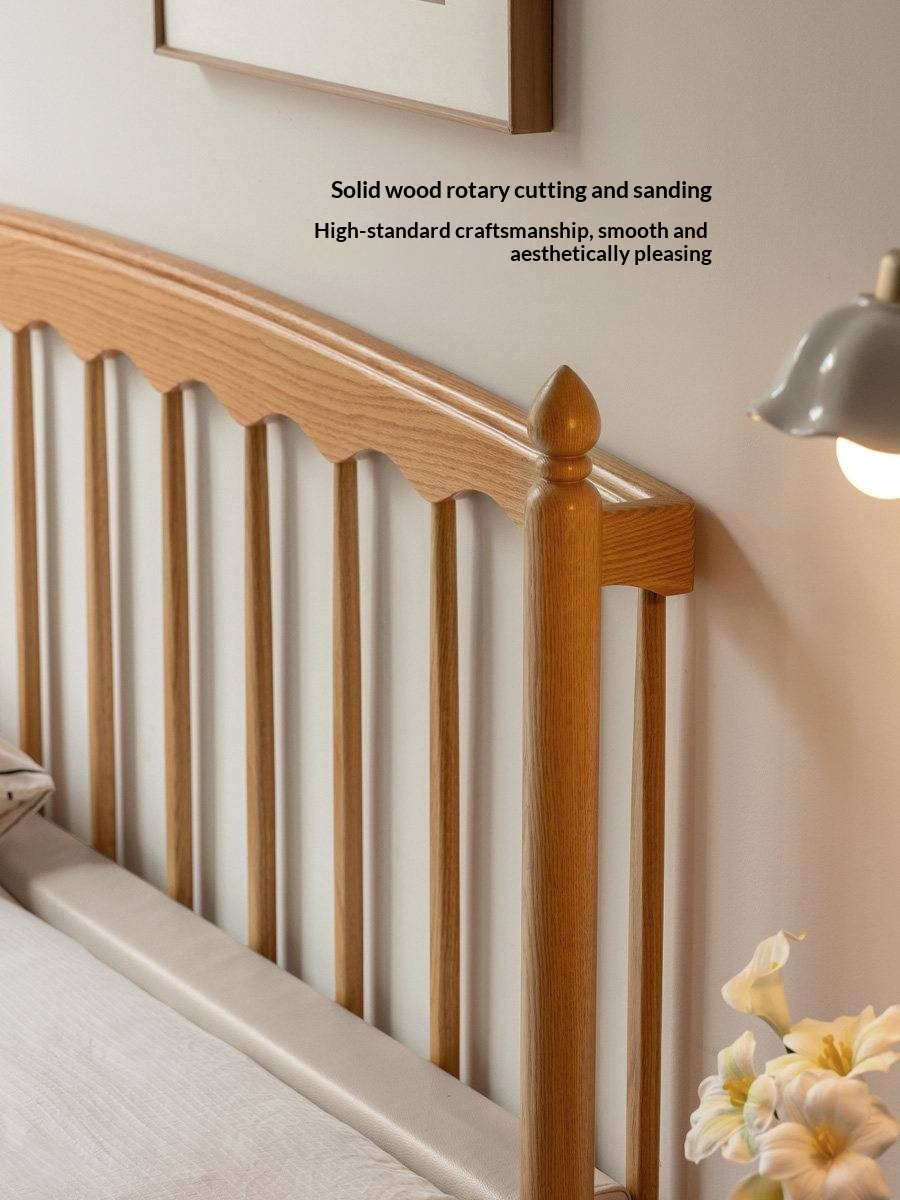 Oak Solid Wood Bed — Modern Minimalist with Genuine Leather and Soft Headboard