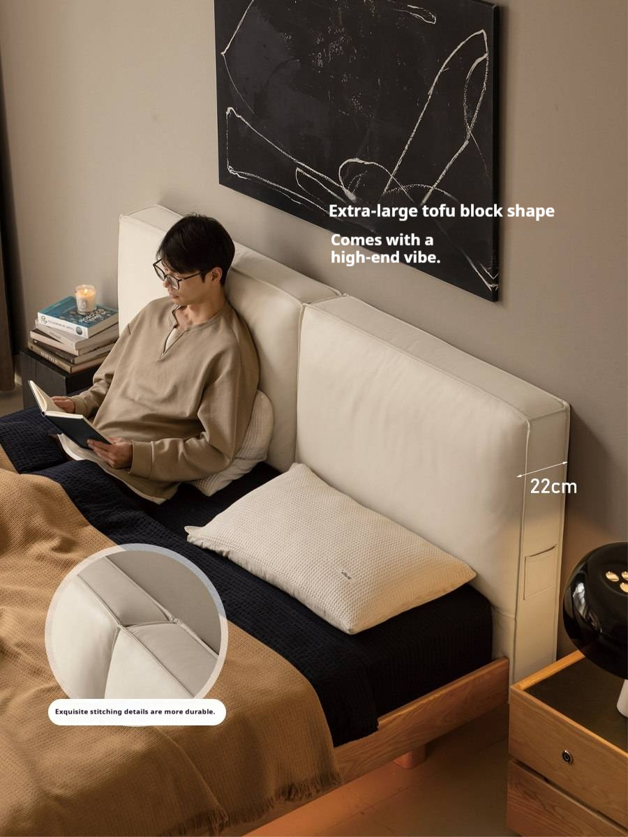 Ash Solid Wood Floating Bed — Modern Minimalist, Genuine Leather Upholstery