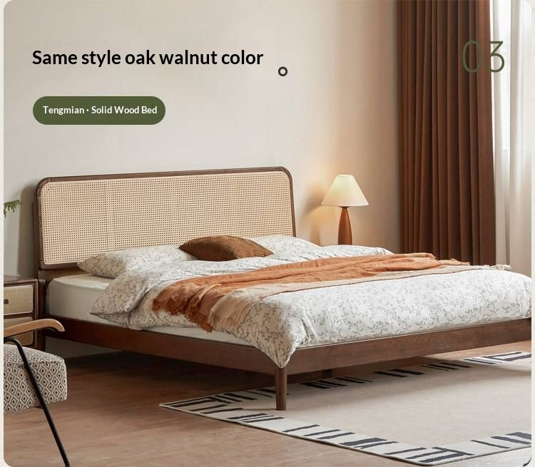 Oak Solid Wood Bed — Black Slab Rattan Vintage Style Bed